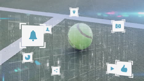 bright green tennis ball resting on textured court surface, animated ui icons floating above grid
