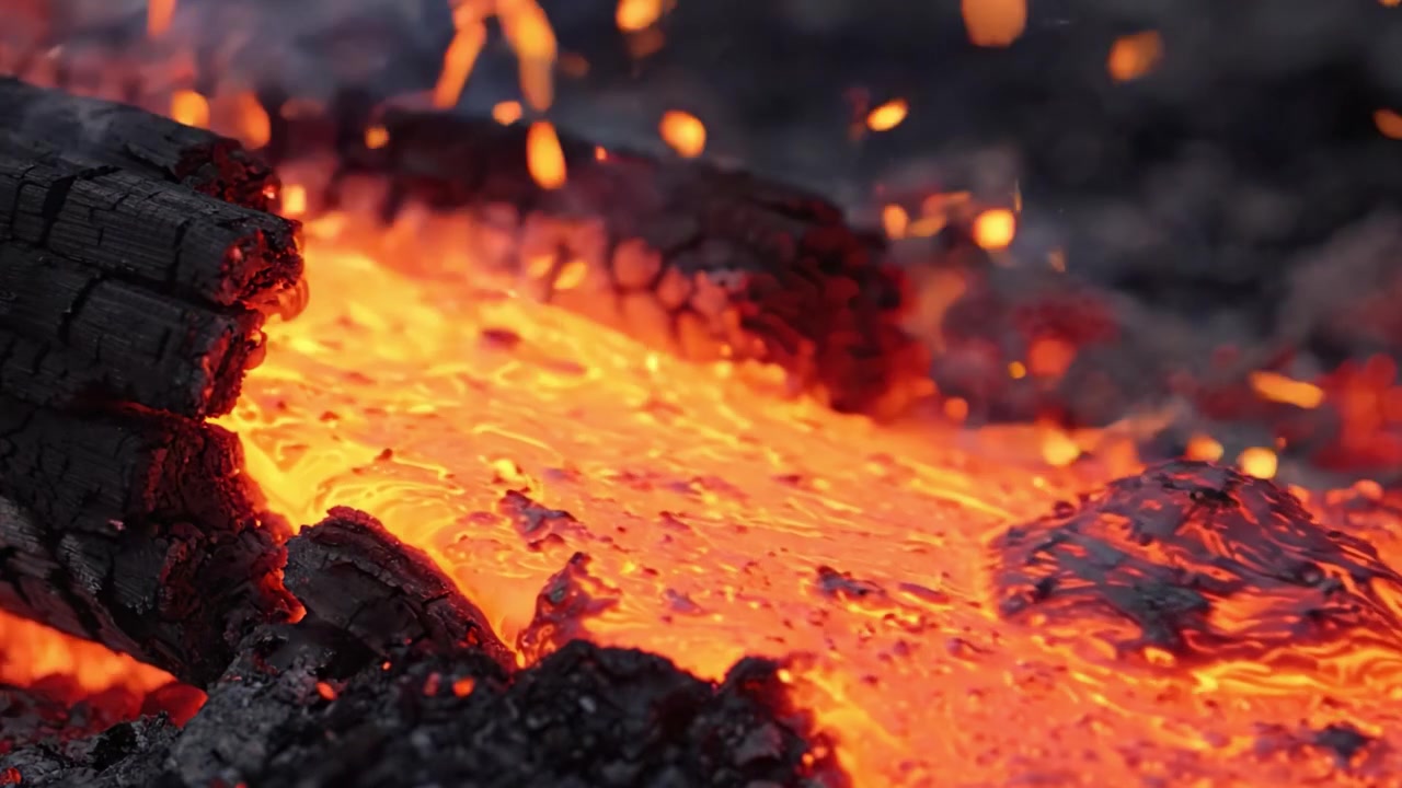 Intenso flujo de lava brillando entre madera carbonizada, una escena cautivadora del poder ígneo y la transformación de la naturaleza con un detalle y una variación de color impresionantes