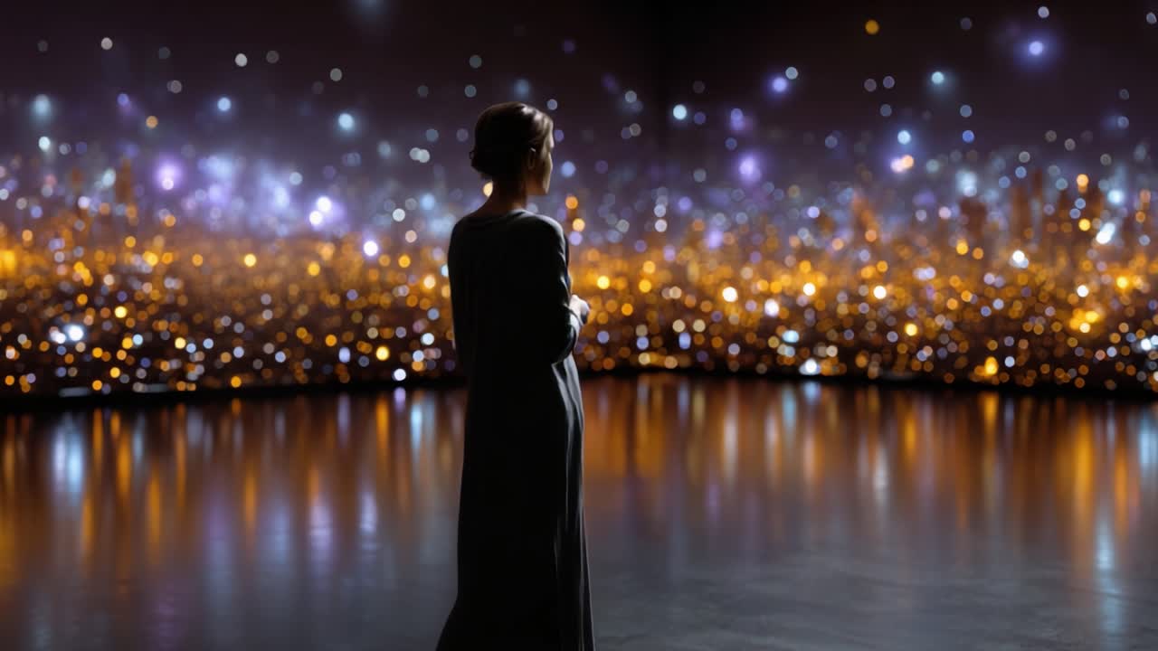 Una donna ammira un panorama mozzafiato di luci scintillanti, contemplando la bellezza del vasto paesaggio urbano e le possibilità che si aprono davanti a lei.