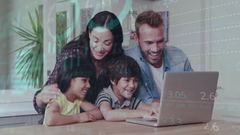 animation of financial data processing over diverse couple with kids using laptop