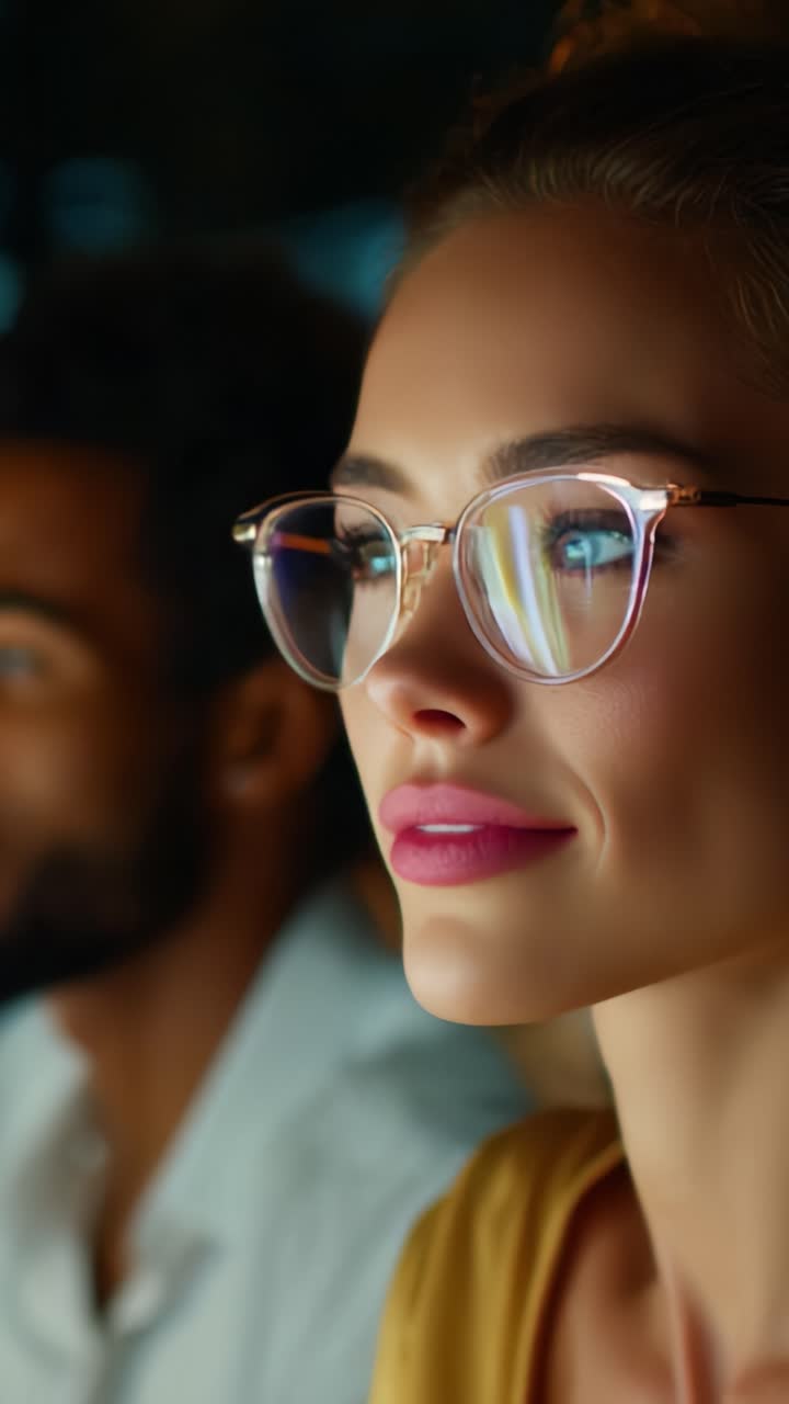 Primo piano di una giovane donna con occhiali alla moda, che mostra un'espressione contemplativa mentre è seduta accanto a un uomo in un ambiente moderno scarsamente illuminato