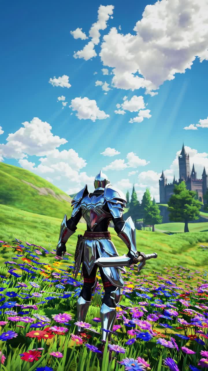A knight in shining armor stands in a vibrant flower field, castle in view