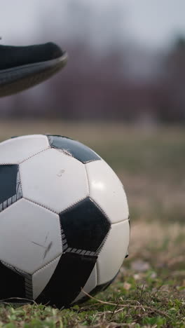 close-up of someone placing his left foot on a soccer ball, with a grassy field and a blurred background