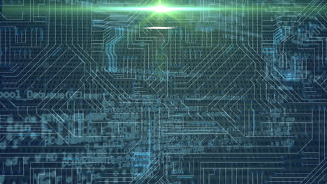 animación del procesamiento de datos sobre una placa de circuitos informáticos brillante