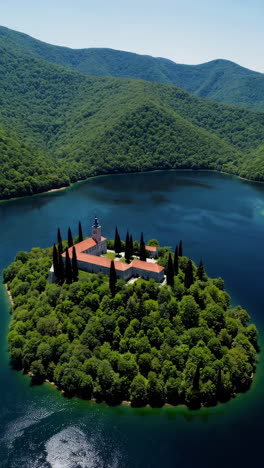 serbian monastery on an island in a lake