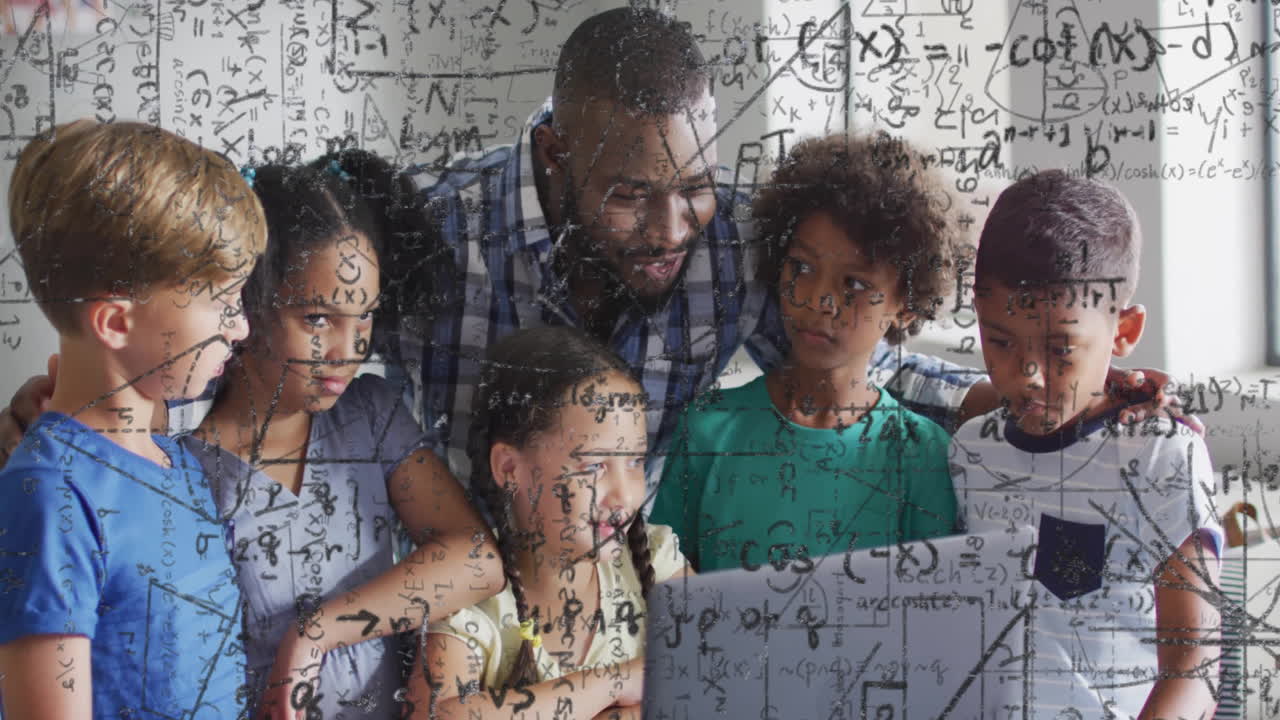 Animation of mathematical equations over african american male teacher with diverse schoolchildren
