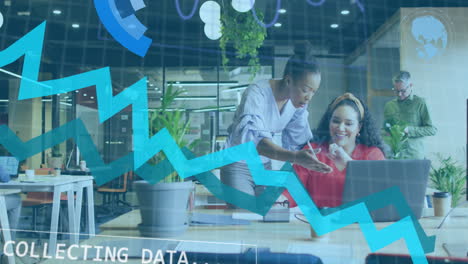 animation of interface with statistical data processing over two diverse women discussing at office