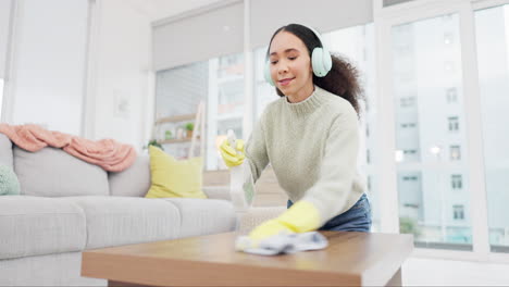 Headphone,-music-and-woman-spray-cleaning