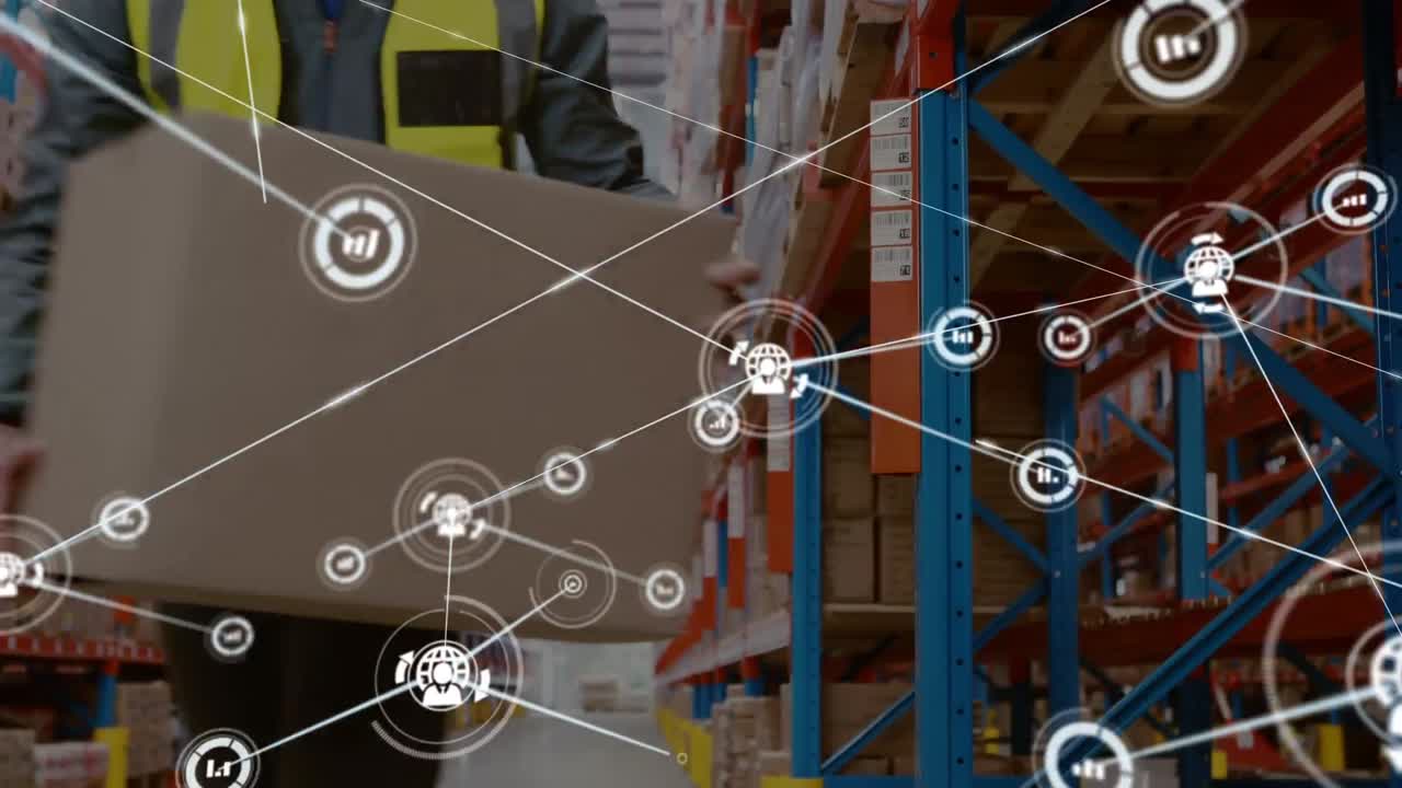 animación de la red de conexiones sobre el hombre caucásico en el almacén