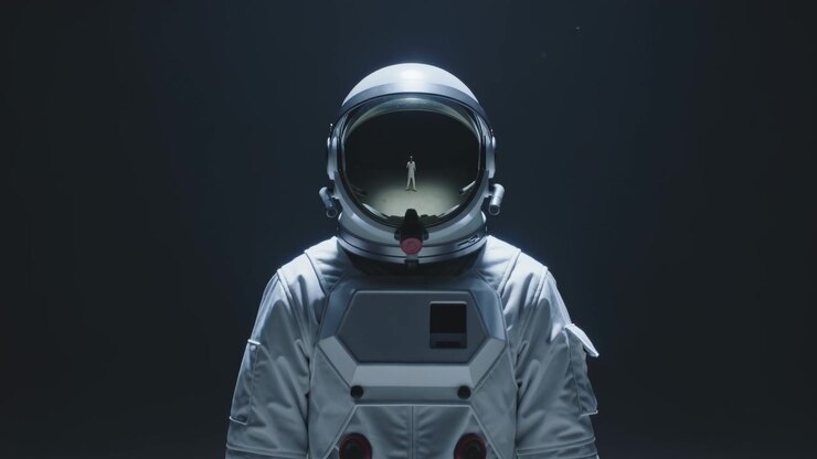 Posing astronaut in white spacesuit holding in studio spotlight rising visor reflecting observer