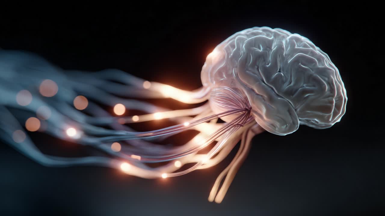 Conceptual animation of a human brain with electrical impulses firing through a network of neurons, representing neurological activity, data processing, and artificial intelligence concepts