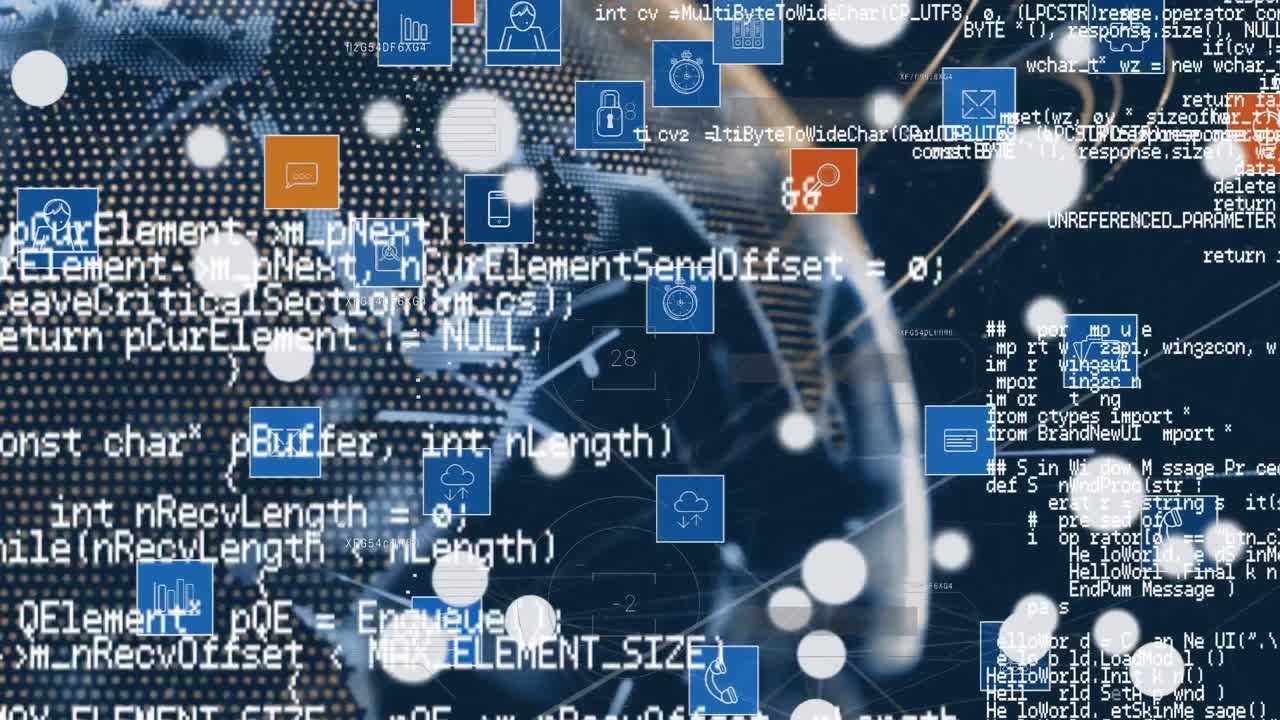 Digital animation of multiple digital icons over globe and data processing on blue background