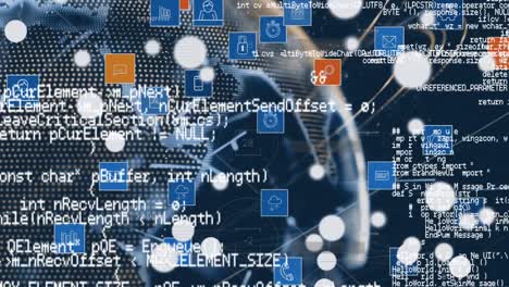 Animación-Digital-De-Múltiples-Iconos-Digitales-Sobre-El-Globo-Y-Procesamiento-De-Datos-Sobre-Fondo-Azul