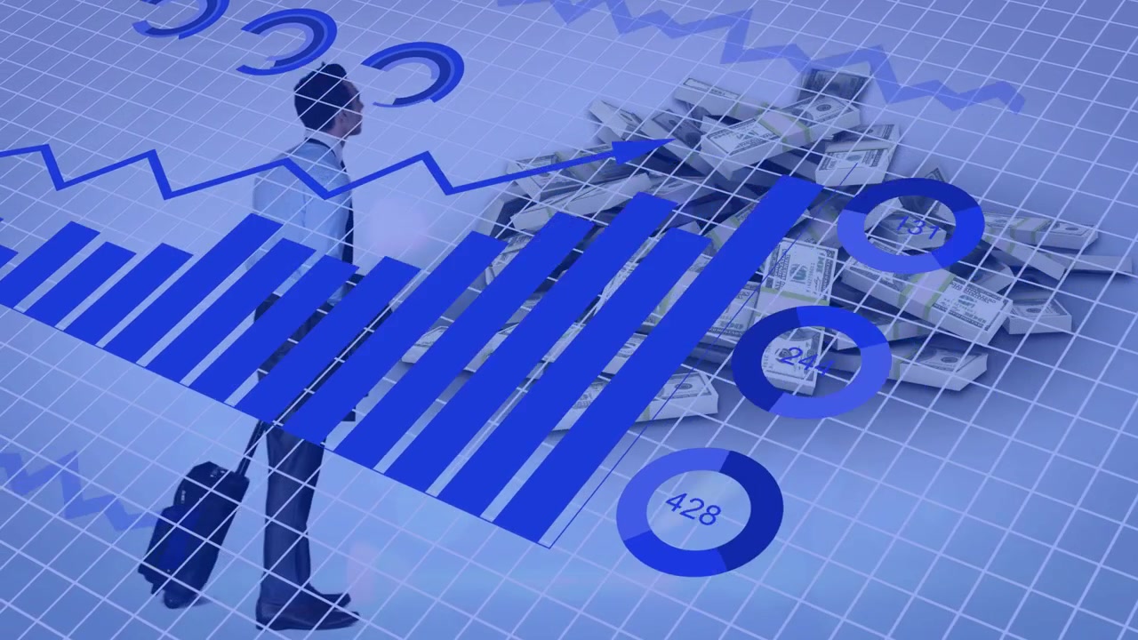 Man pausing, chart appearing, walking with case to cash for finance, charts expanding obscuring