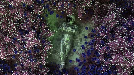 astronaut resting in a floral garden