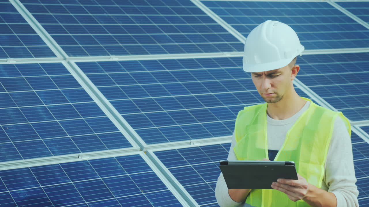 A Good-Looking Worker Uses A Tablet Near Ground-Based Solar Panels