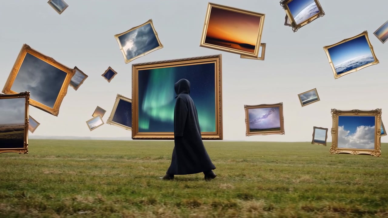 Cloaked Figure Walks Across Grassy Plain Surrounded By Floating Gilded Frames Displaying Aurora, Cloudscapes,