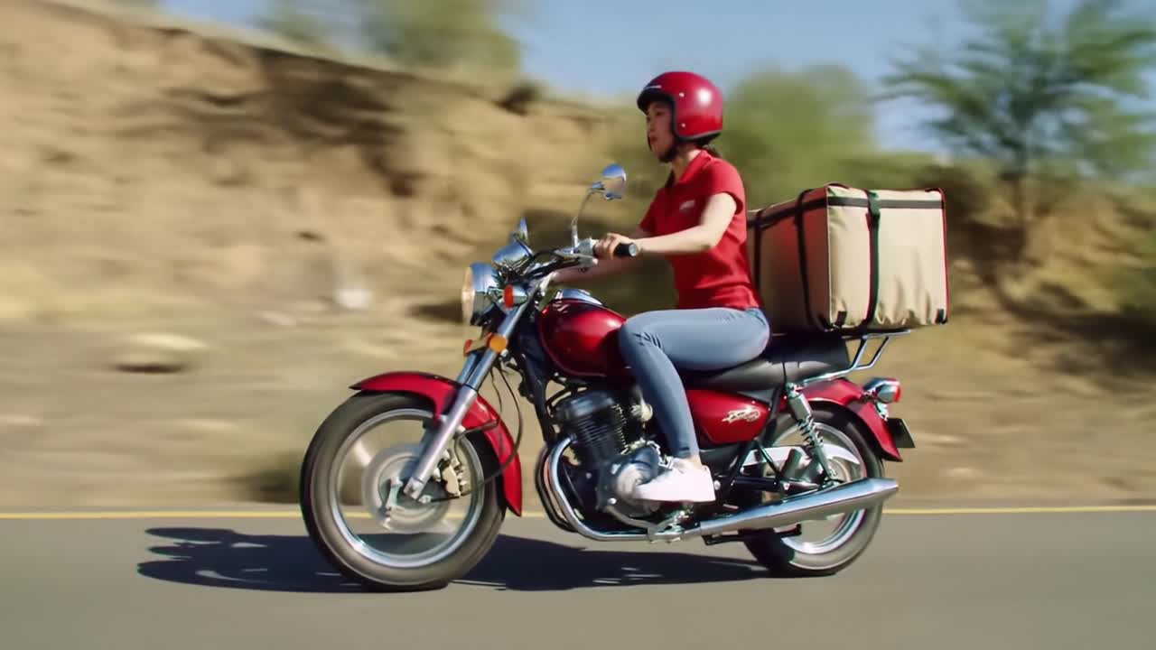 A delivery rider in a red shirt and helmet skillfully rides a red motorcycle along a curvy road. The backdrop features a sunny day with dry terrain, showcasing the rider's focus and agility.