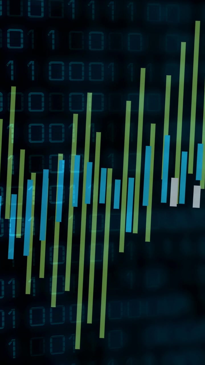 Vertical video: Thin bars emerging from left binary grid growing, spreading right, visualizing data