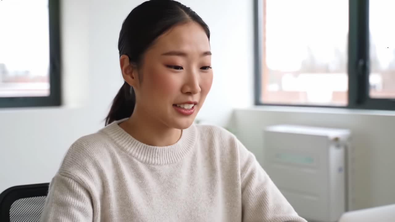 Engaging and Focused Expression of a Young Woman While Using a Computer in a Bright, Modern Workspace Environment, Highlighting a Moment of Connection and Interaction