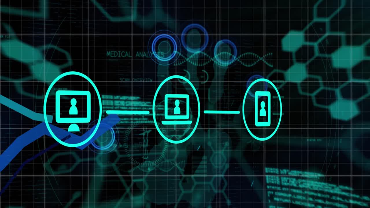 animación de iconos, cadena de adn y procesamiento de datos sobre un fondo negro