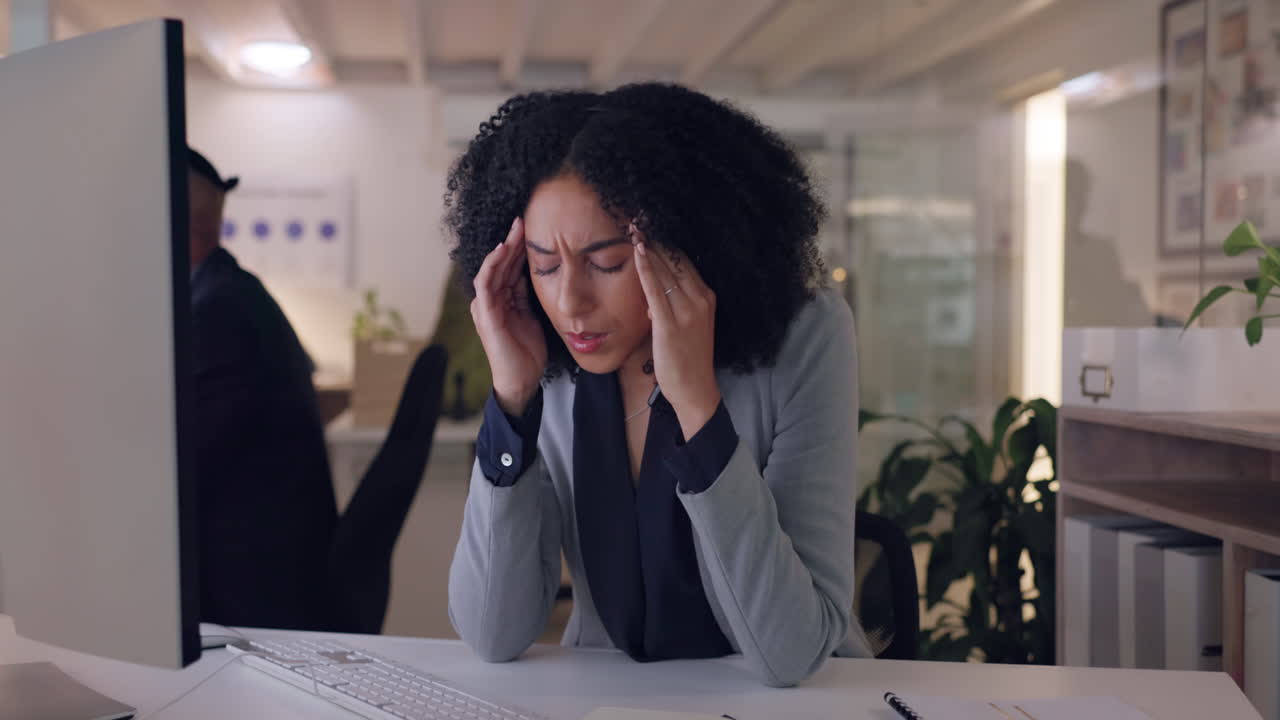 Stress, night and headache with business woman