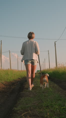 back view of woman walking with dog on dirt path lined with electric poles, holding leash while both walk through grassy rural field under bright sunlight