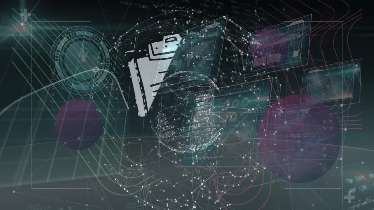 animación del procesamiento de datos sobre el globo y el reloj en movimiento sobre fondo negro