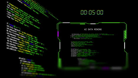 Animation of scrolling data, countdown clock and interface ai data mining, on black background