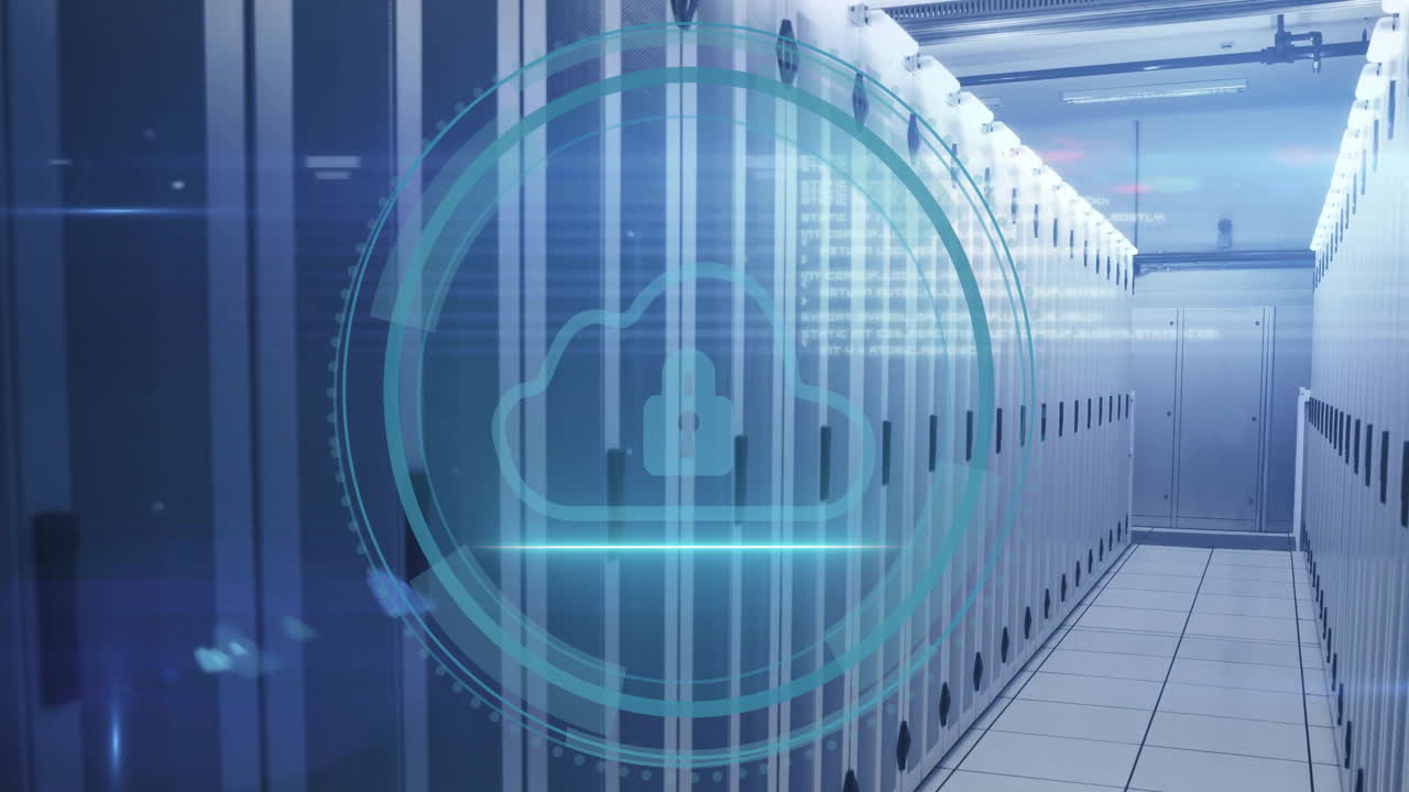Animation of padlock and cloud icon and digital data processing over computer servers