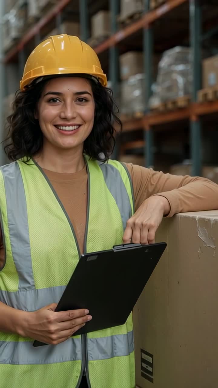 Video verticale: dopo l'apertura, operaio che controlla l'inventario delle scatole nel corridoio con blocco appunti e dispositivi di sicurezza