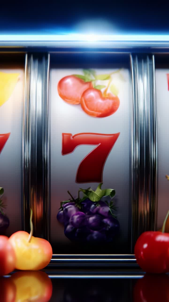 A Close-Up of a Classic Slot Machine Featuring Vibrant Fruits and the Iconic Seven Symbol, Invoking Excitement and Anticipation for Big Wins in Gaming