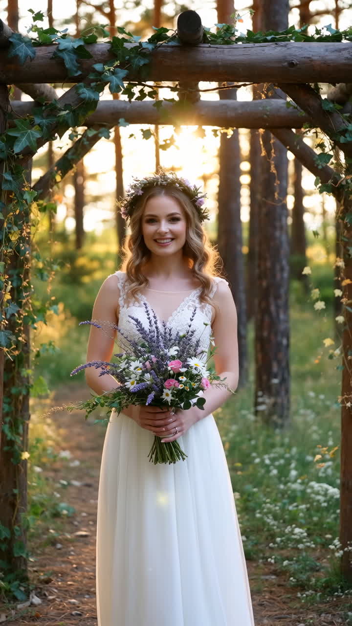 Bella sposa in piedi sotto un arco floreale in una foresta illuminata dal sole