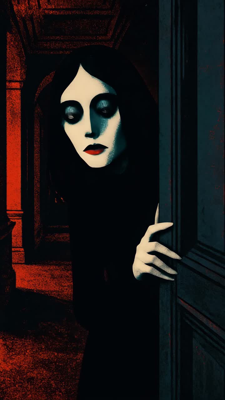 A mysterious, eerie video scene with a wide-angle view of a shadowy hallway