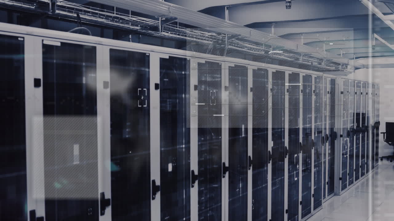Server racks in data center with digital data processing animation
