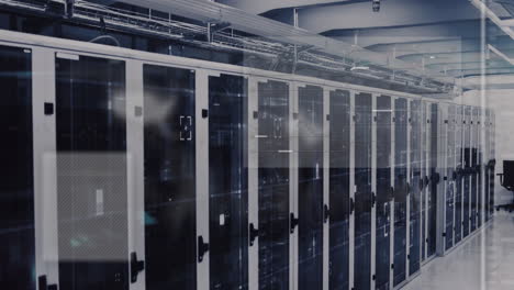 server racks in data center with digital data processing animation