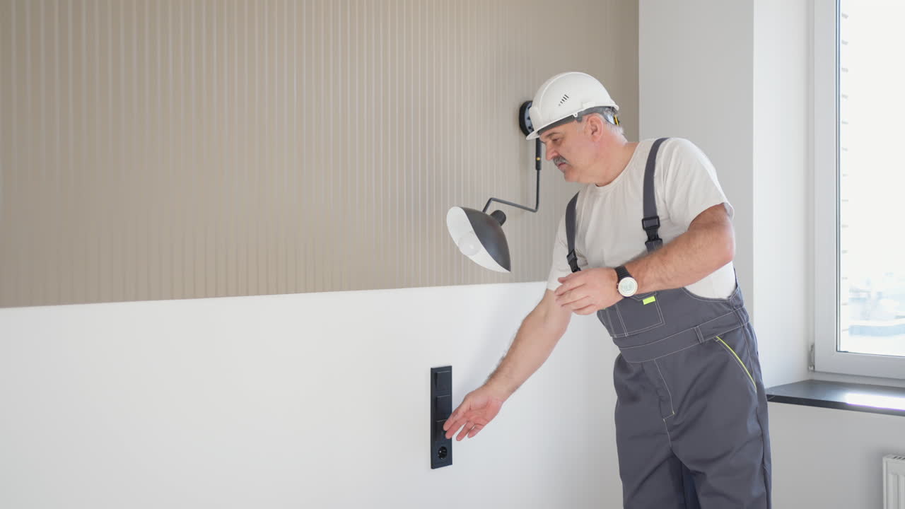 Electrician in the house after repair installs a lamp