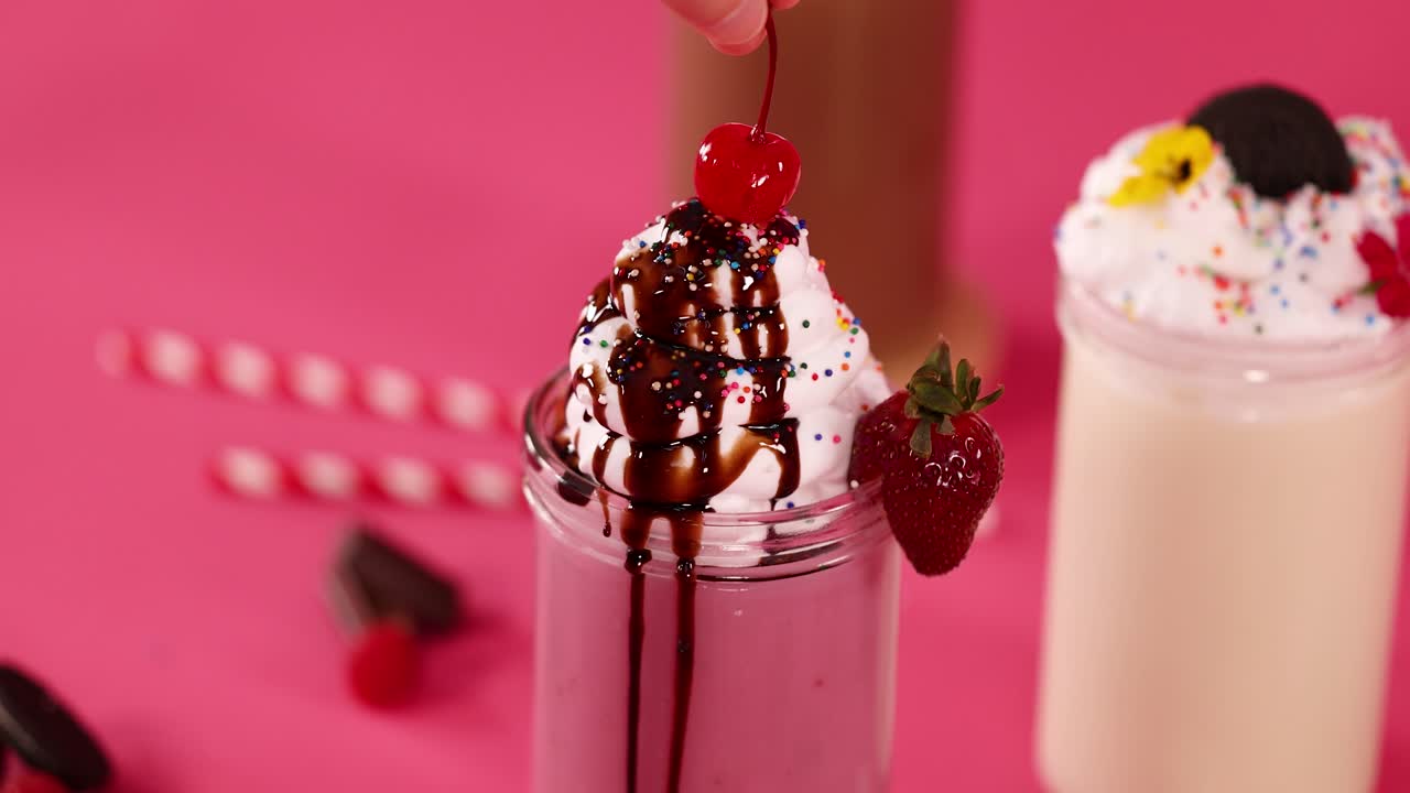 Hand places cherry on strawberry milkshake with whipped cream, chocolate syrup, pink background, bright lighting