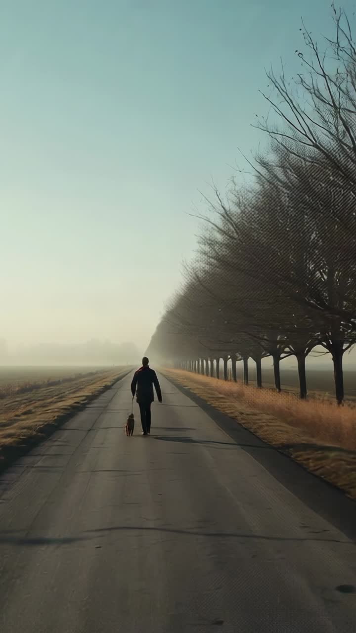 Person and dog starting walk, walking centered on road flanked by trees toward misty horizon