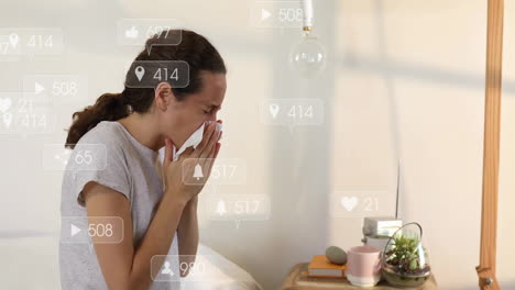 Sneezing-woman-with-social-media-notifications-animation-over-bedroom-background