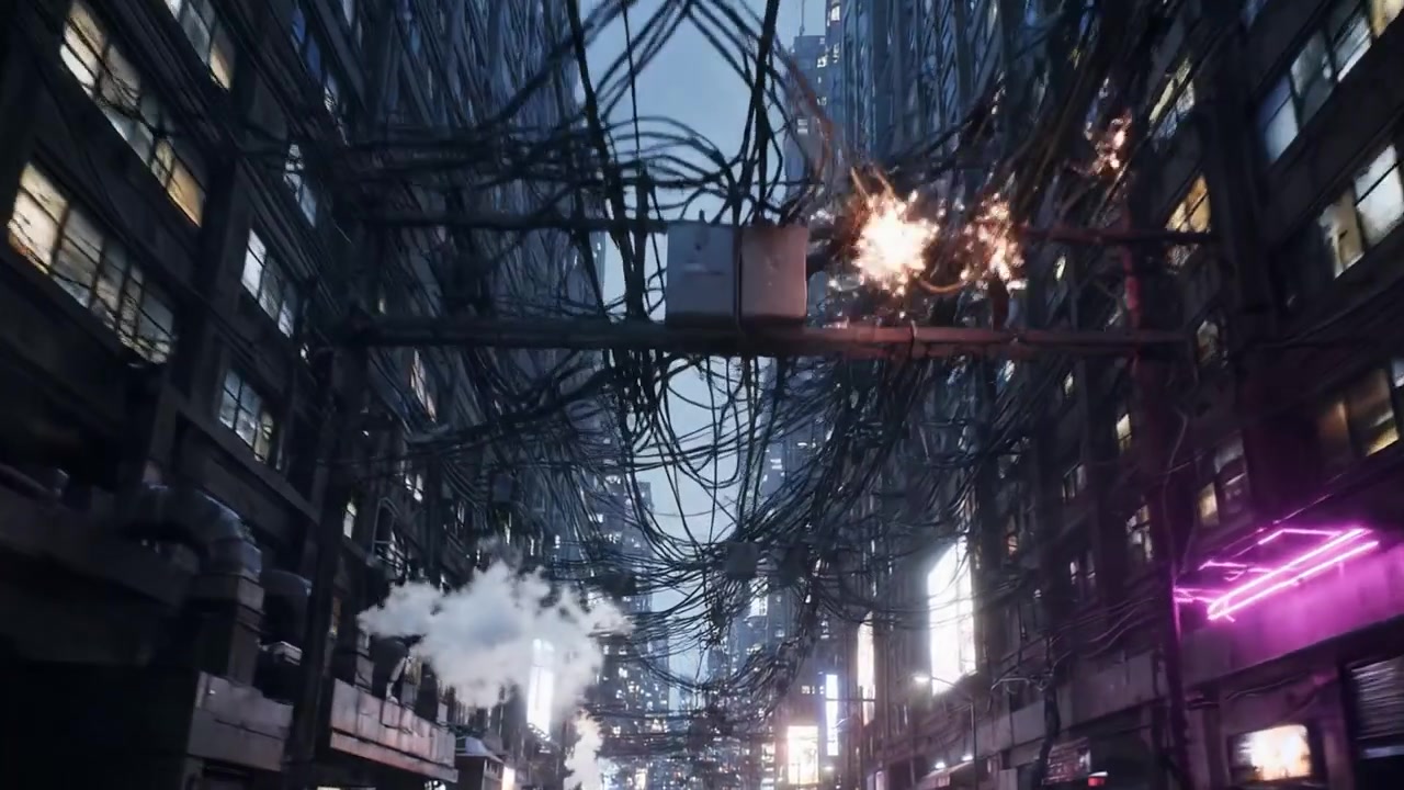 Uma paisagem urbana distópica retrata uma cidade movimentada à noite, onde fios elétricos emaranhados se cruzam acima enquanto luzes de neon piscam, iluminando os edifícios altos abaixo
