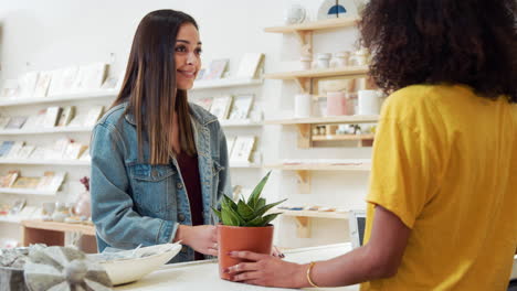 customer paying for plant at sales desk with credit card in gift shop