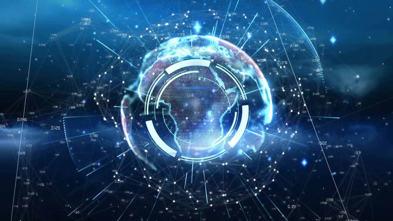 Data stream starting, holographic globe forming in tech hub, HUD rings rotating for network map