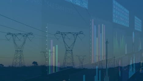 Animation-of-financial-data-processing-over-electricity-pylons-and-landscape