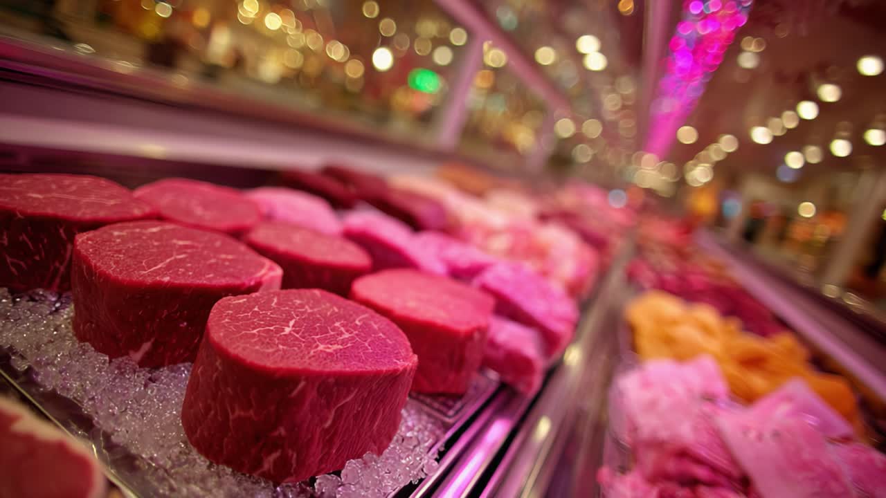 Uma exibição colorida de cortes de carne Premium, mostrando vários tipos de carne bovina fresca em um açougue bem iluminado, com iluminação vibrante e apresentação de qualidade.