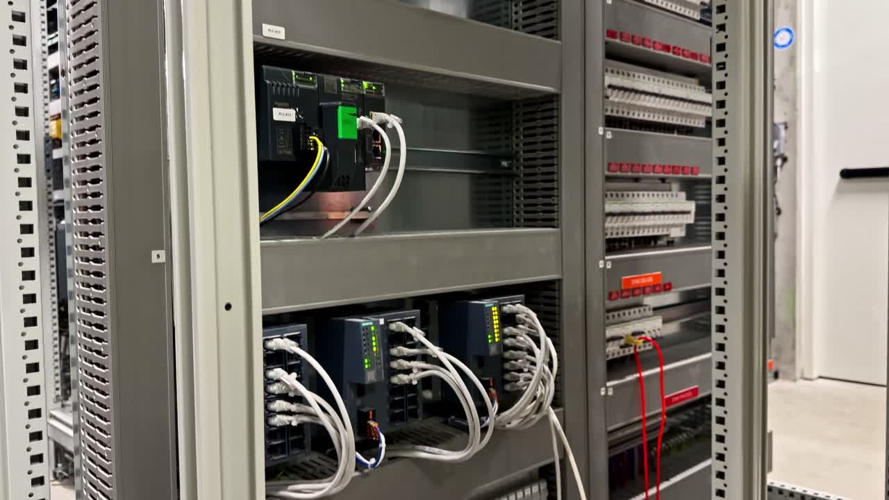 Hi-vis technician checks an industrial control cabinet, handling cables inside a server rack and electrical panel for factory automation and plant maintenance