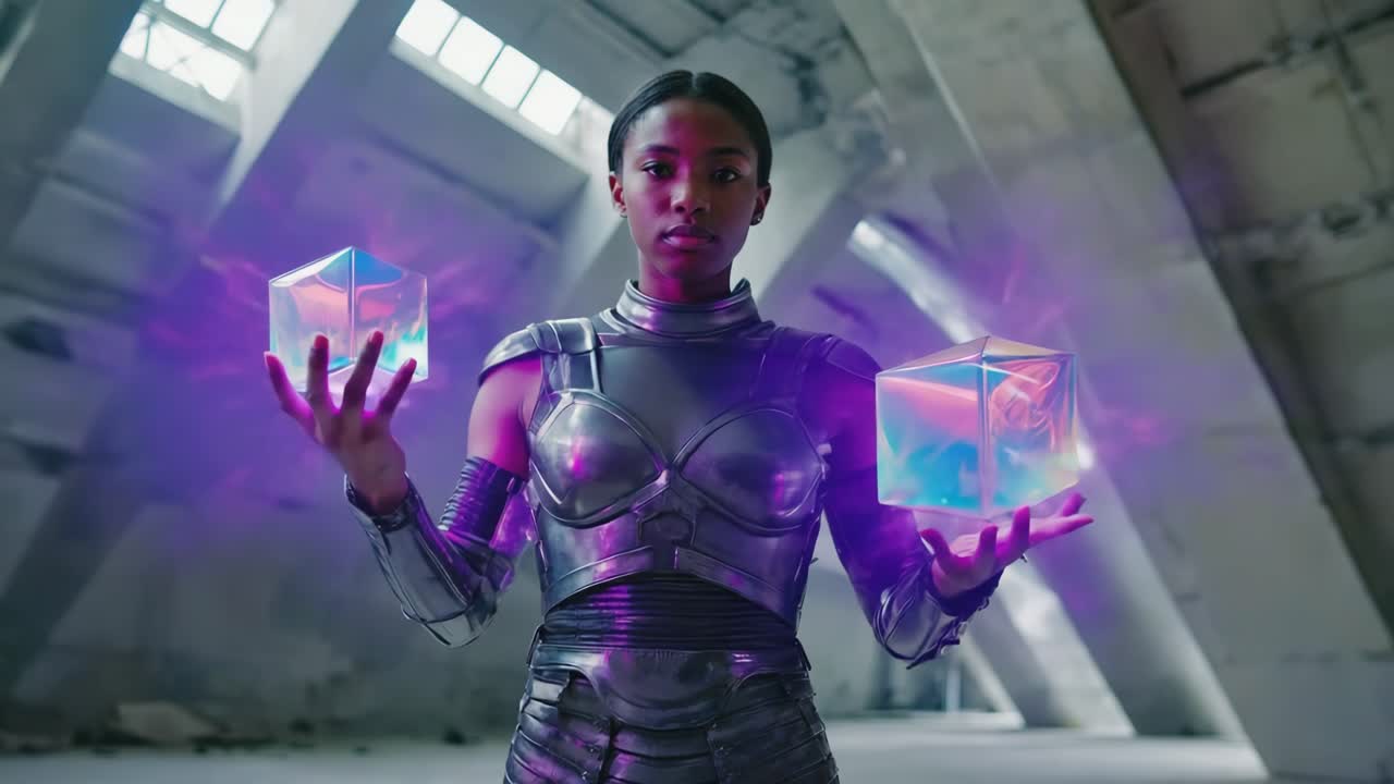 Woman with Holographic Cubes
