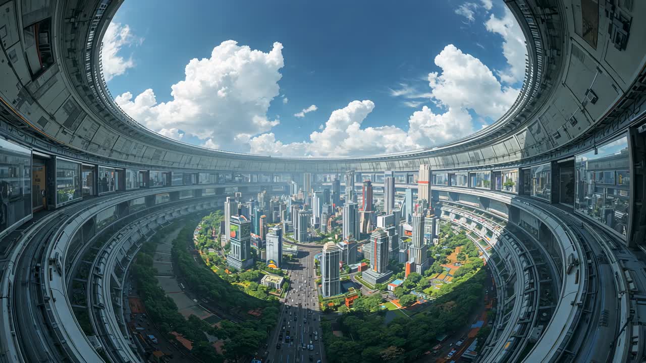 Tilting camera revealing circular ring and dense city core inside oculus emphasizing bowl enclosure