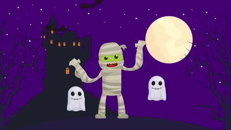 escena oscura de halloween con momia y fantasmas