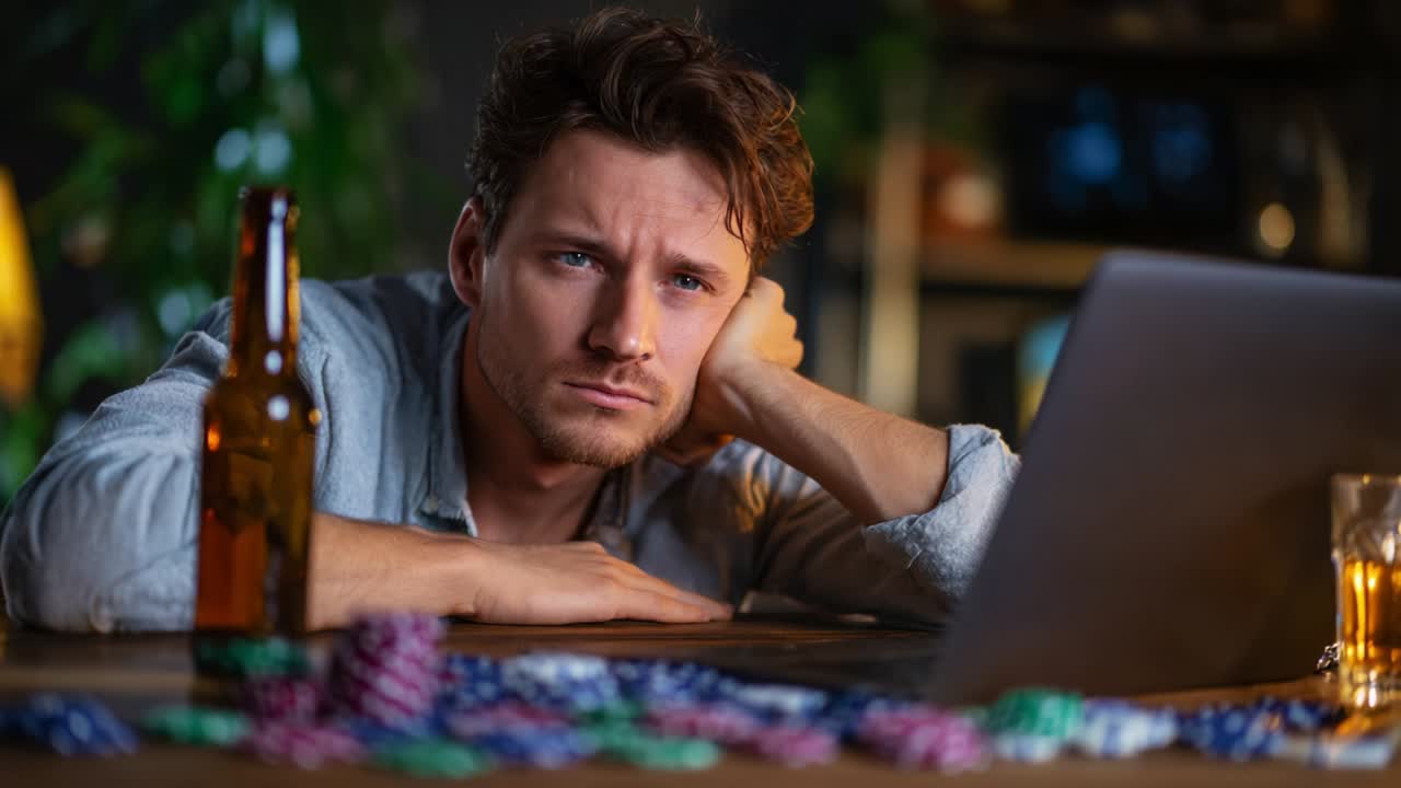 A contemplative young man gazes intently at his laptop screen amid a scattering of colorful poker chips and a beer bottle, reflecting on decisions at the gaming table in a dimly lit room